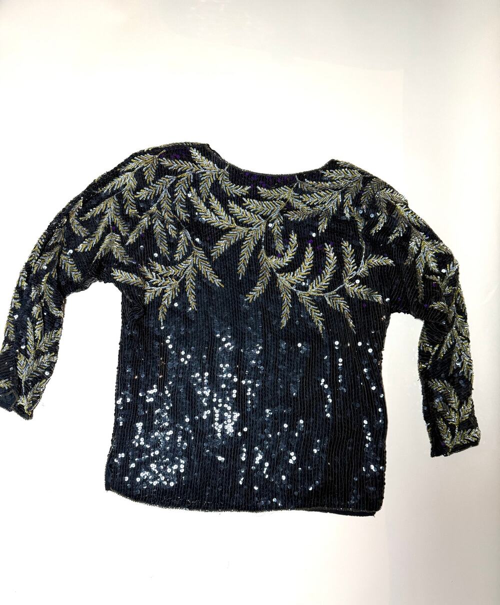 Vintage Black Sequin Beaded Party Blouse Gold Leaf Detail